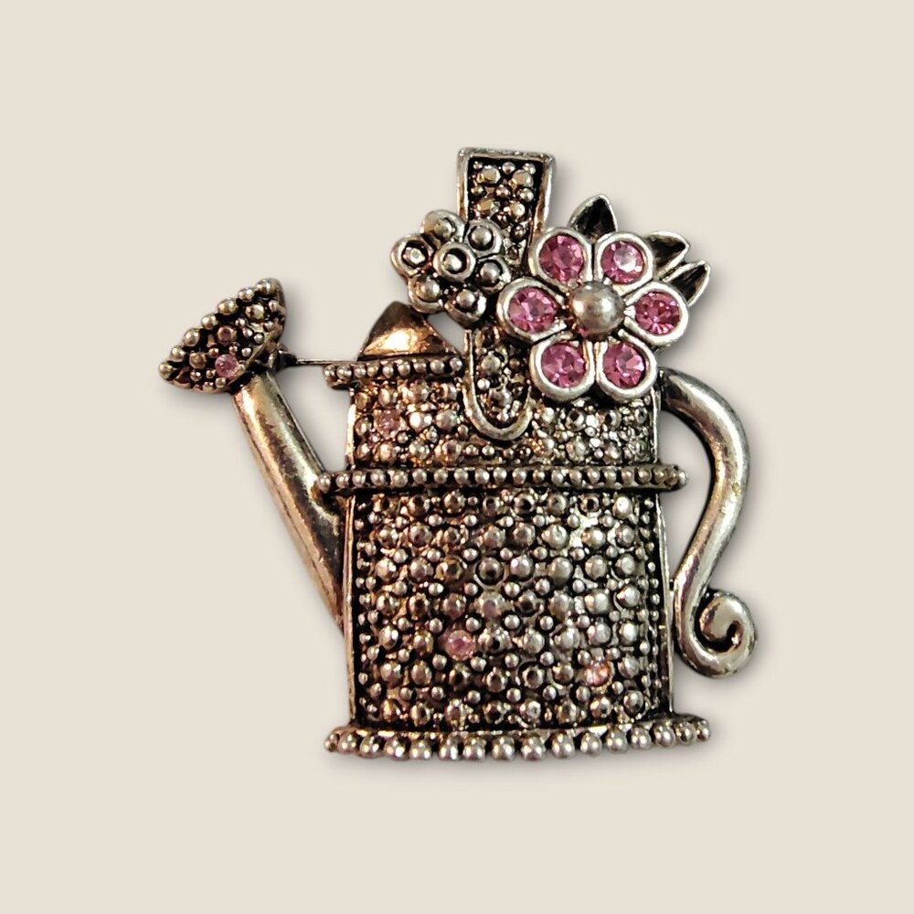 Vintage Watering Can Brooch With Pink  Floral Rhinestones & Silver-Tone Metal
